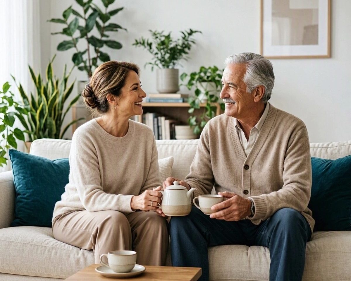 Pareja de más de 60 años conversando en su casa