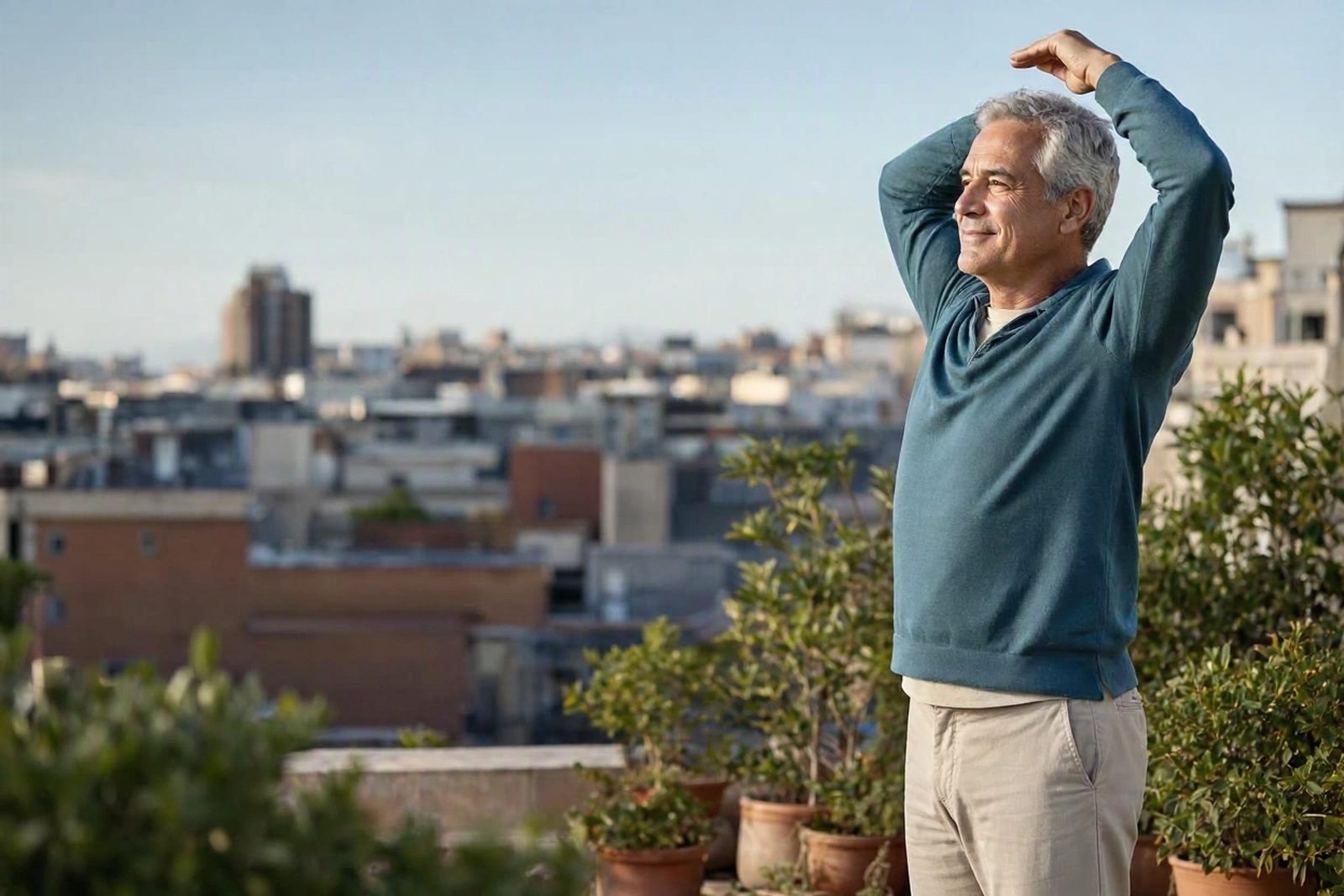 Hombre de más de 60 años estirándose en una terraza