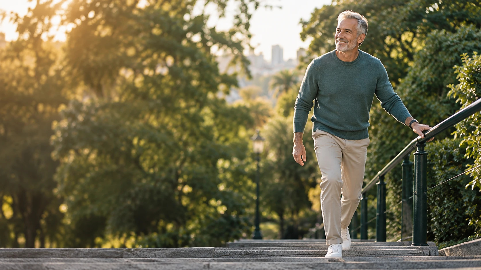 Hombre de más de 60 años estirándose en una terraza