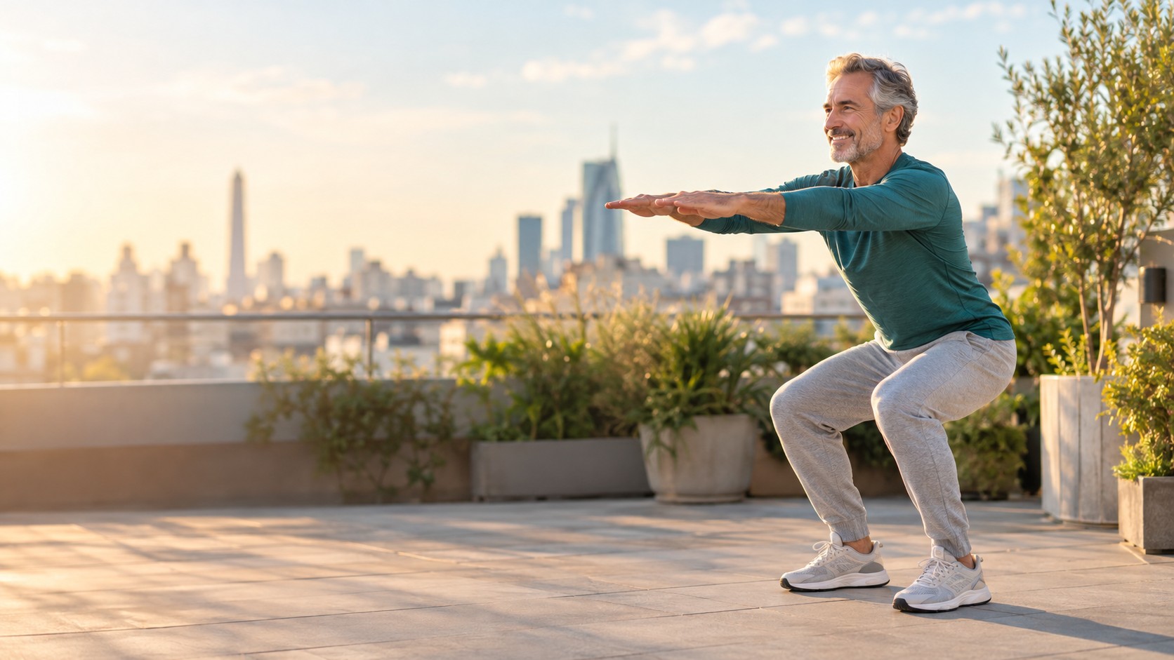 Hombre de más de 60 años haciendo sentadillas en una terraza al atardecer