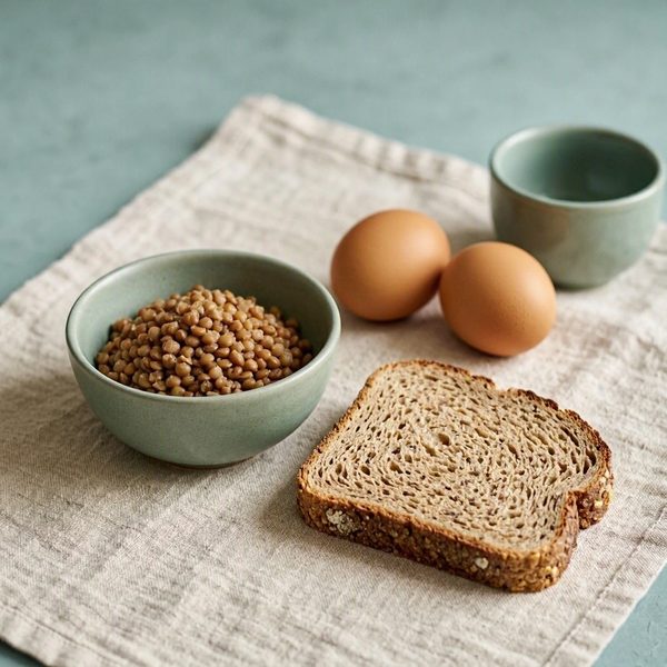 Lentejas, huevos y pan integral, fuentes de vitaminas B