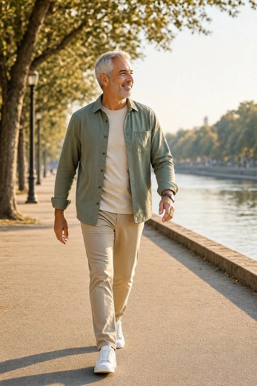 Hombre de 63 años caminando por la costanera