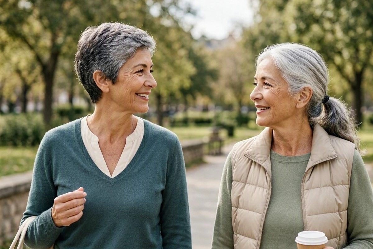 Dos amigas de 60 años caminando por el parque