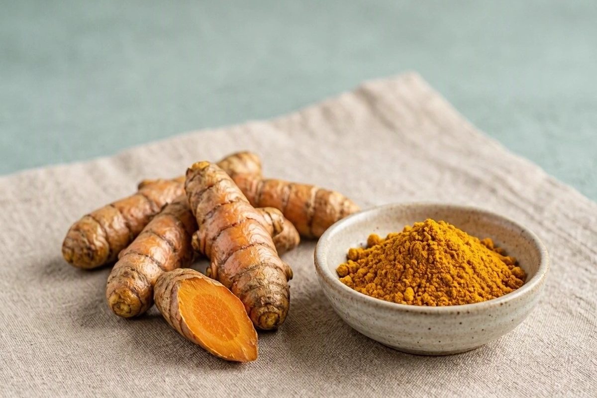 Raíces de cúrcuma y cúrcuma en polvo