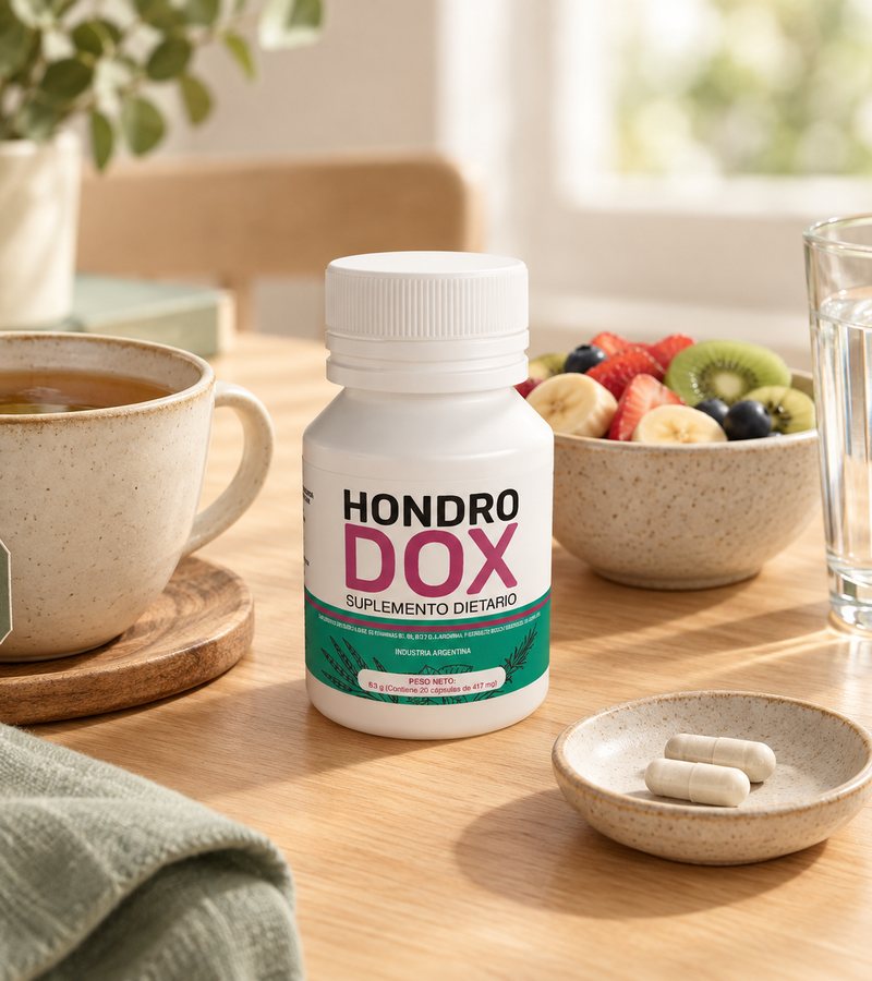 Hondrodox en la mesa del desayuno con dos cápsulas
