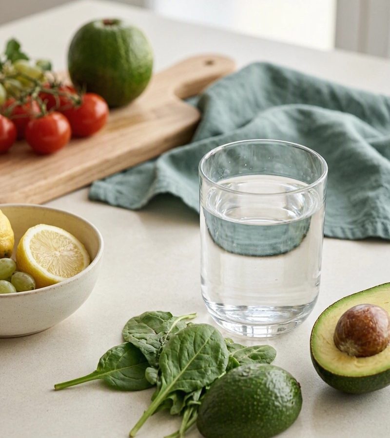 Vaso de agua y alimentos frescos
